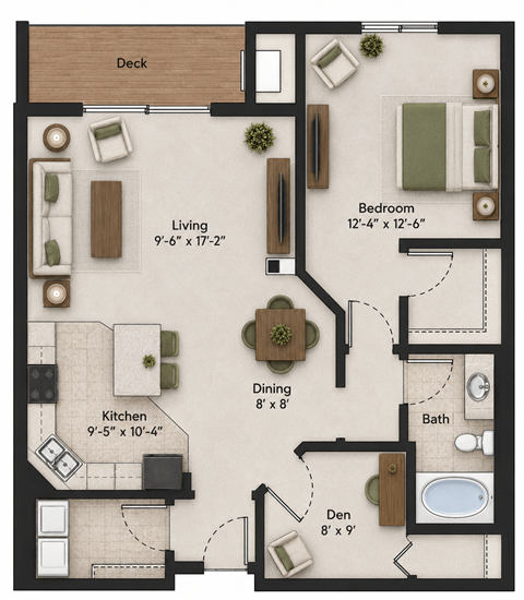 Floor plan for 2 beds, 1 bath, 1055 sqft